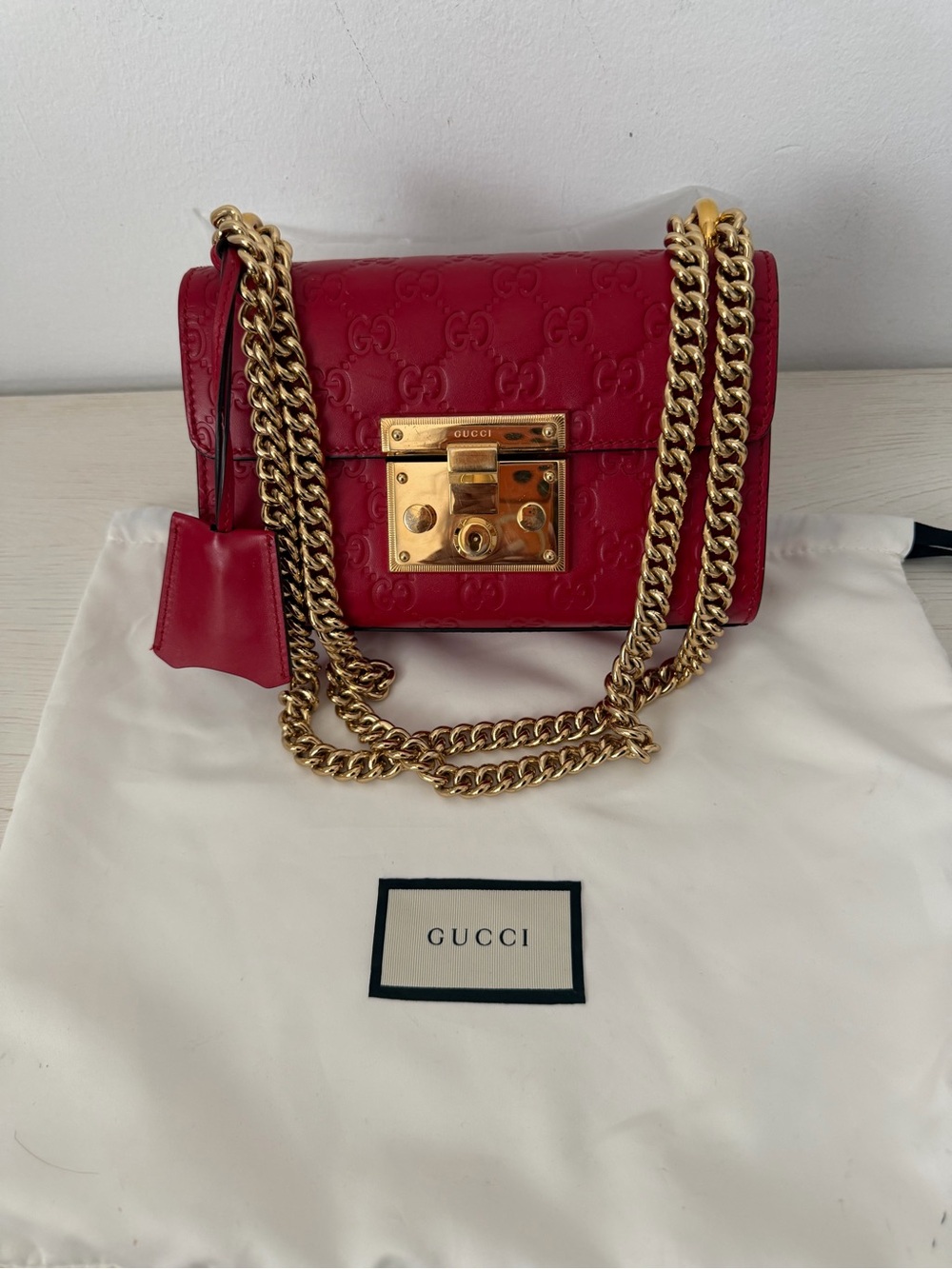 Gucci Red Shoulder Bag with Gold Hardware Chain
